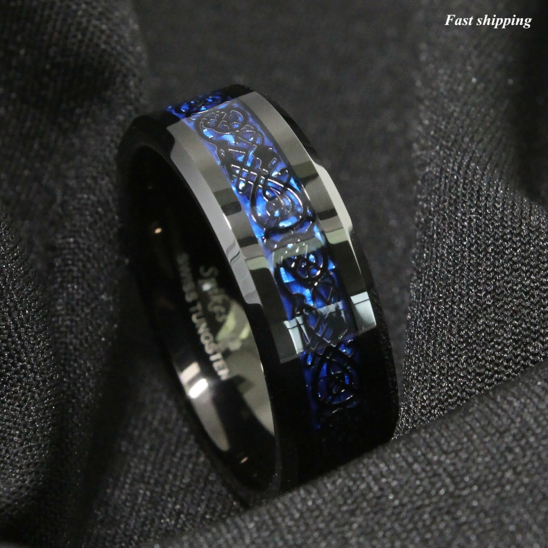 8/6mm Tungsten Carbide Ring Black Celtic Dragon Blue carbon fibre ATOP Jewelry