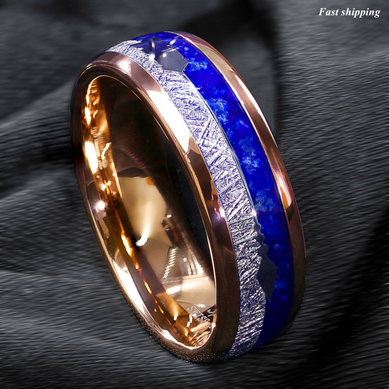 8/6Mm Rose Gold Tungsten Ring Lasurite Fine Silver Arrow ATOP Mens Wedding Band