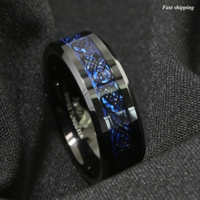8/6mm Tungsten Carbide Ring Black Celtic Dragon Blue carbon fibre ATOP Jewelry