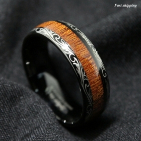 Black Tungsten carbide Ring Koa Wood Inlay Dome Wedding Band ATOP mens jewelry