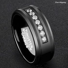 8Mm Black Tungsten Carbide Ring Diamonds Inlay Comfort Fit ATOP MEN Wedding Band