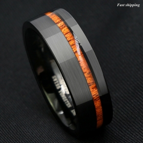 8mm Black Brushed Tungsten Carbide Ring Off Center Koa Wood ATOP Wedding Band
