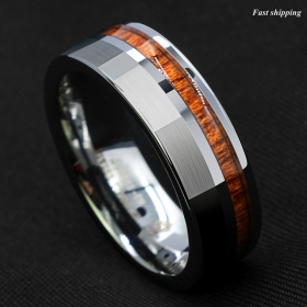 8mm Silver Brushed Tungsten Carbide Ring Off Center Koa Wood ATOP Wedding Band