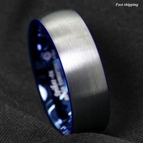 8mm Tungsten Carbide ring Silver Brushed Blue Inlay Wedding Band ATOP Mens Ring